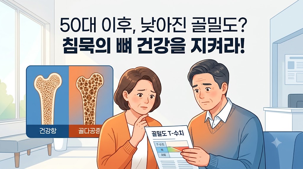 50대 중년 여성과 남성이 골밀도 검사 결과지
