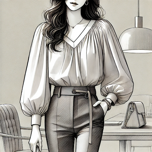 블루종 블라우스를 입고 슬림핏 팬츠