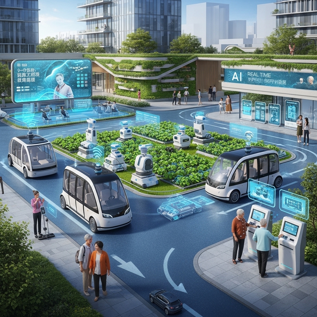 2025년 AI와 스마트 기술로 활성화된 지방 도시의 풍경. 자율주행 셔틀, 스마트 팜, AI 헬스케어 기기 등이 조화롭게 어우러져 주민들의 삶의 질이 향상된 모습.