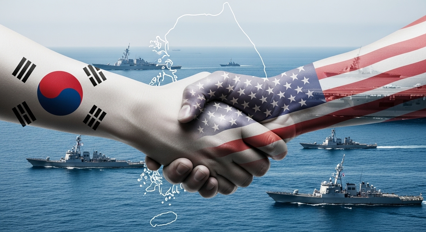 한미 양국 군 관계자가 악수하며 동맹 강화를 상징하는 이미지, 북한 핵잠수함 위협에 맞서는 연합 방위 태세 강조.