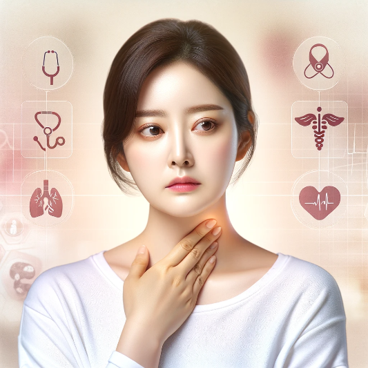 목에-손을-대고-걱정스러운-표정을-하고-있는-여성
