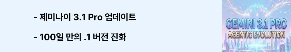 '제미나이 3.1 Pro 업데이트, 100일 만의 .1 버전 진화'라는 문구가 포함된 웹배너 이미지. 이 이미지는 구글의 제미나이 3.1 Pro 업데이트가 Gemini 3 Pro 출시 100일 만에 등장한 코어 추론 능력 강화 업데이트임을 시각적으로 전달하며, 블로그의 AI 모델 업데이트 분석과 관련된 내용을 설명함 (Gemini 3.1 Pro update announcement, core reasoning enhancement).