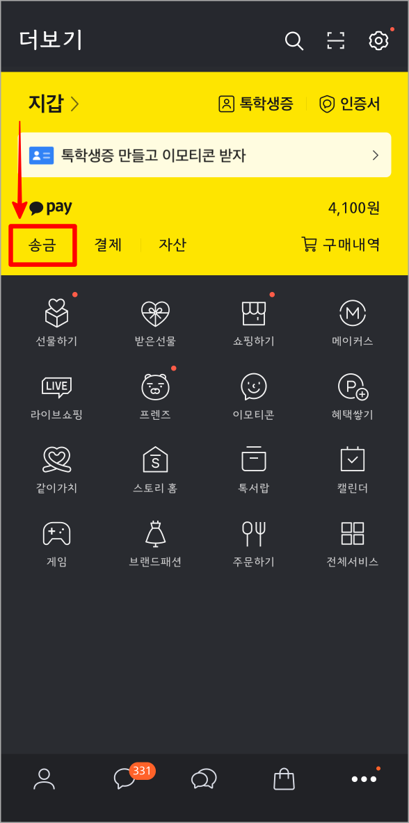 카카오톡의 카카오페이 서비스 중 송금을 선택