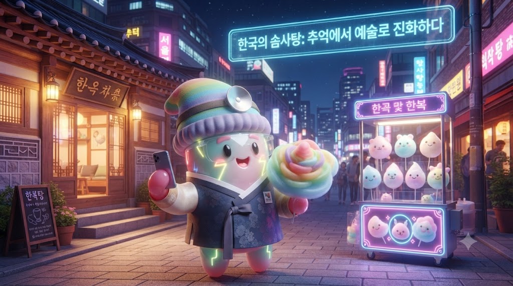 2024년 서울의 핫플레이스인 인사동 거리. 3D 쫀쿠가 한복을 곱게 차려입고 현대적인 LED 조명으로 화려하게 장식된 대형 솜사탕 포토존 앞에 서 있습니다. 쫀쿠의 손에는 꽃 모양과 캐릭터 모양으로 정교하게 만들어진 무지개색 솜사탕이 들려 있습니다. 배경으로는 전통적인 한옥 처마와 현대적인 네온사인이 어우러져 있고, 젊은이들이 솜사탕을 들고 즐거워하고 있습니다.