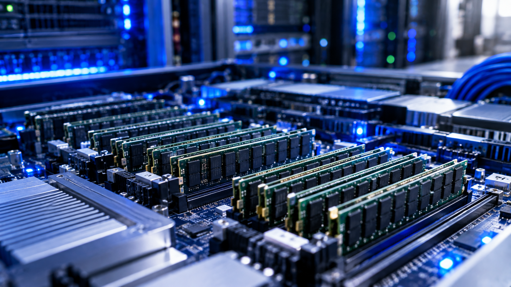 데이터센터 서버 DDR5 메모리 모듈 클로즈업