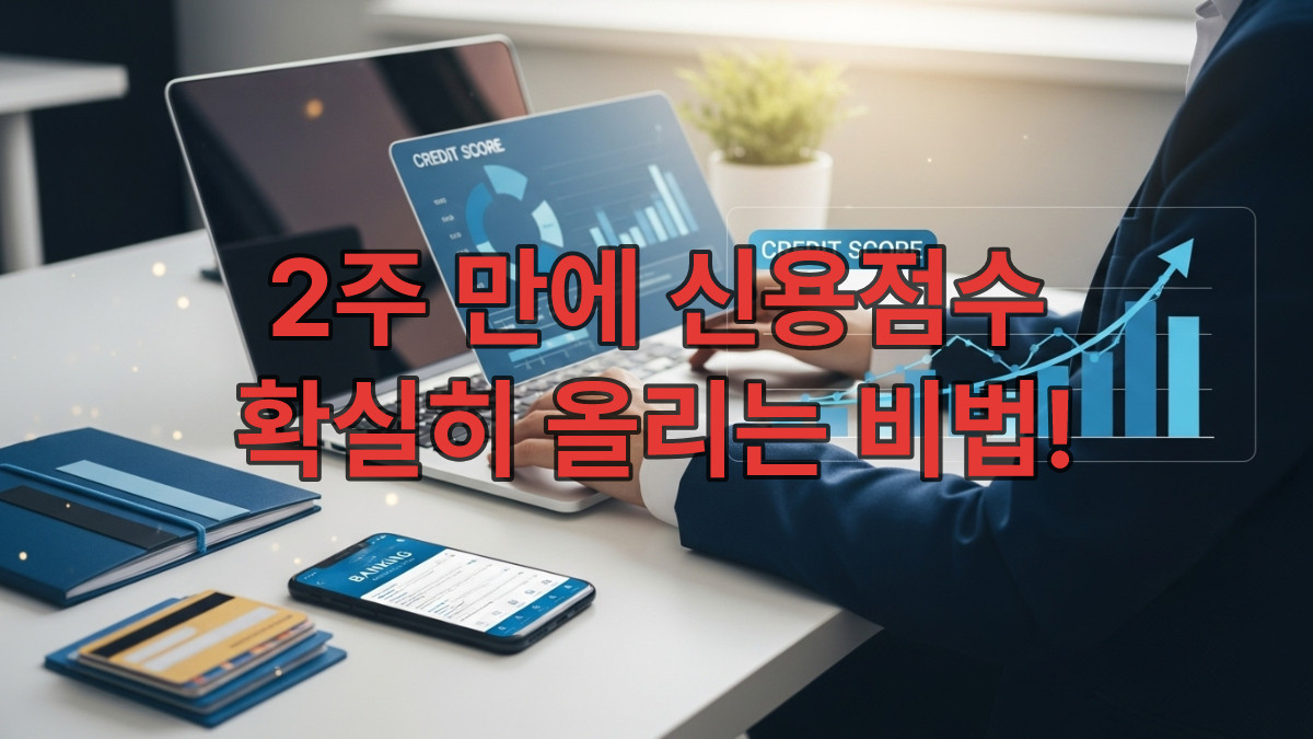 노트북으로 신용점수 그래프를 확인하며 재정 계획을 세우는 사람. 상승하는 신용점수를 보여주는 화면과 정리된 금융 서류가 보이는 현대적인 책상 풍경. 클래식 블루 톤으로 신뢰감과 성공을 표현.