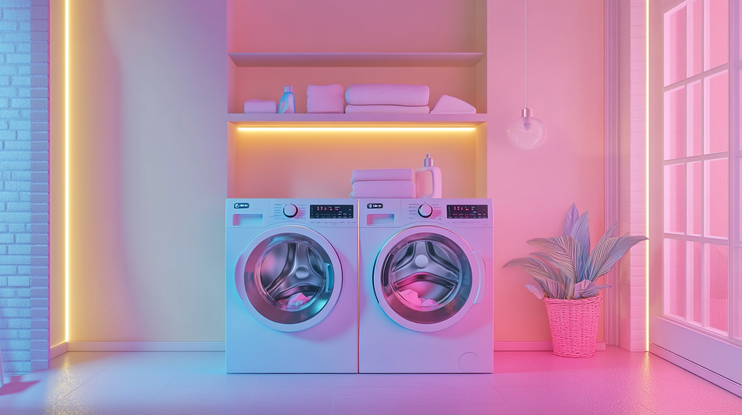 스마트 세탁기가 잘 정리된 현대적 가정의 세탁 공간에 배치된 장면
