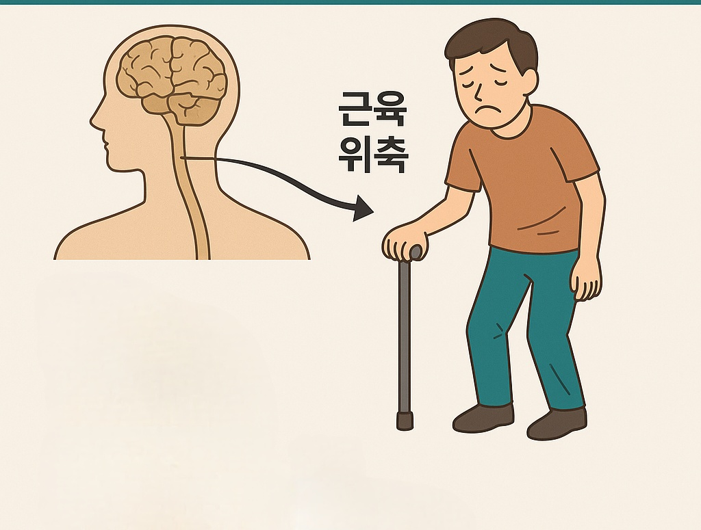 근육위축으로 지팡이에 의존해 걷고 있는 남자