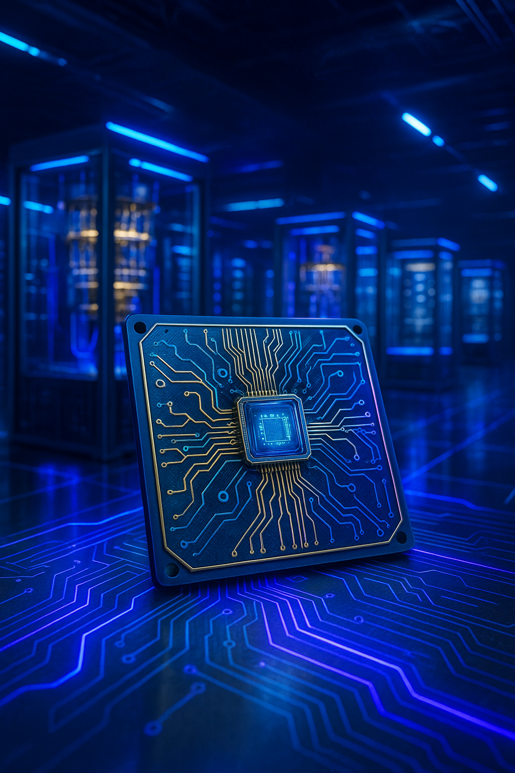 양자 컴퓨팅 칩과 데이터센터의 모습을 보여주는 기술적 이미지