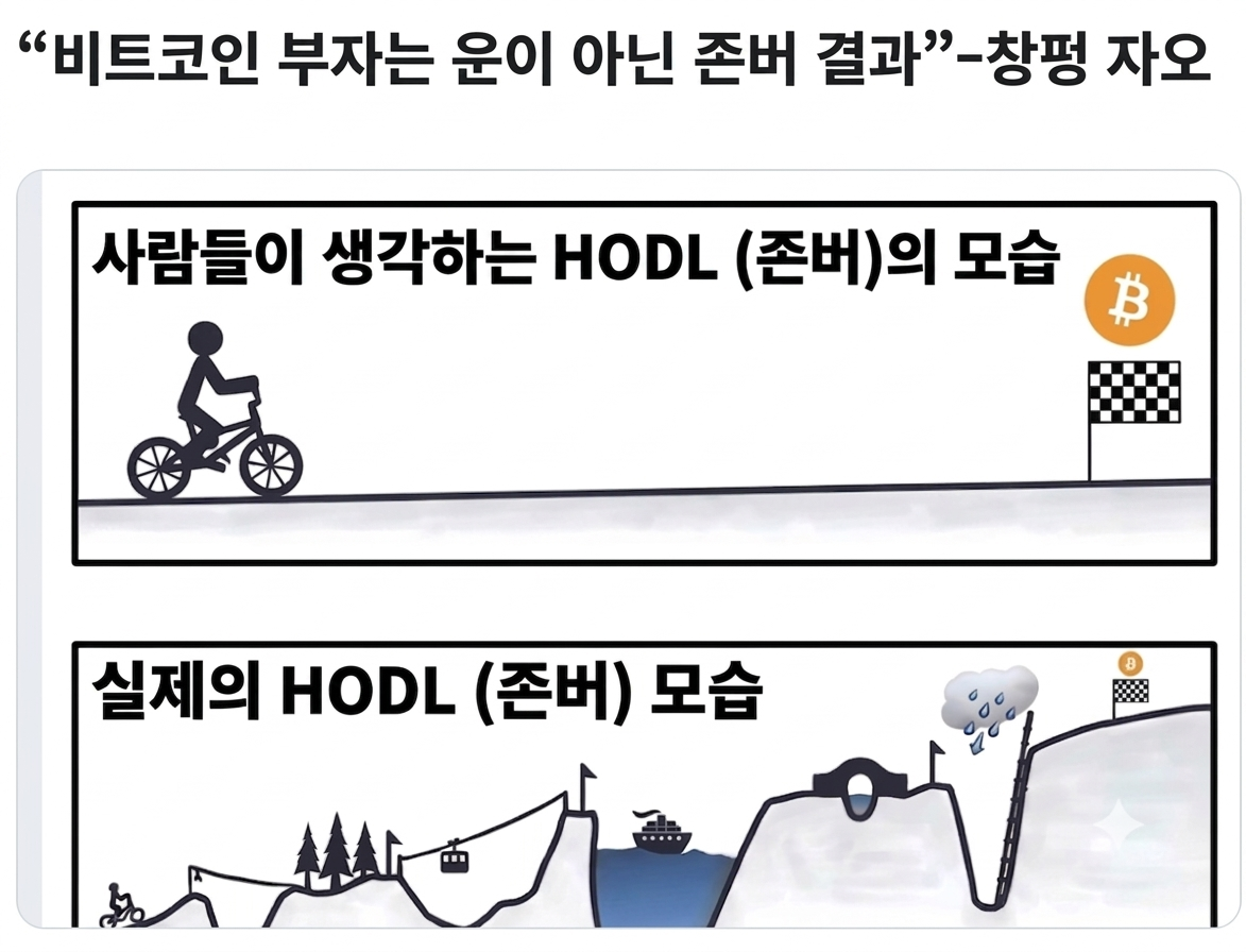 비트코인 장기 투자(HODL)에 대한 대중의 오해를 나타내는 일러스트. 한 사람이 자전거를 타고 아무런 장애물도 없는 곧은 평지를 지나 비트코인 깃발이 있는 결승선(목적지)을 향해 평온하게 달려가는 모습.