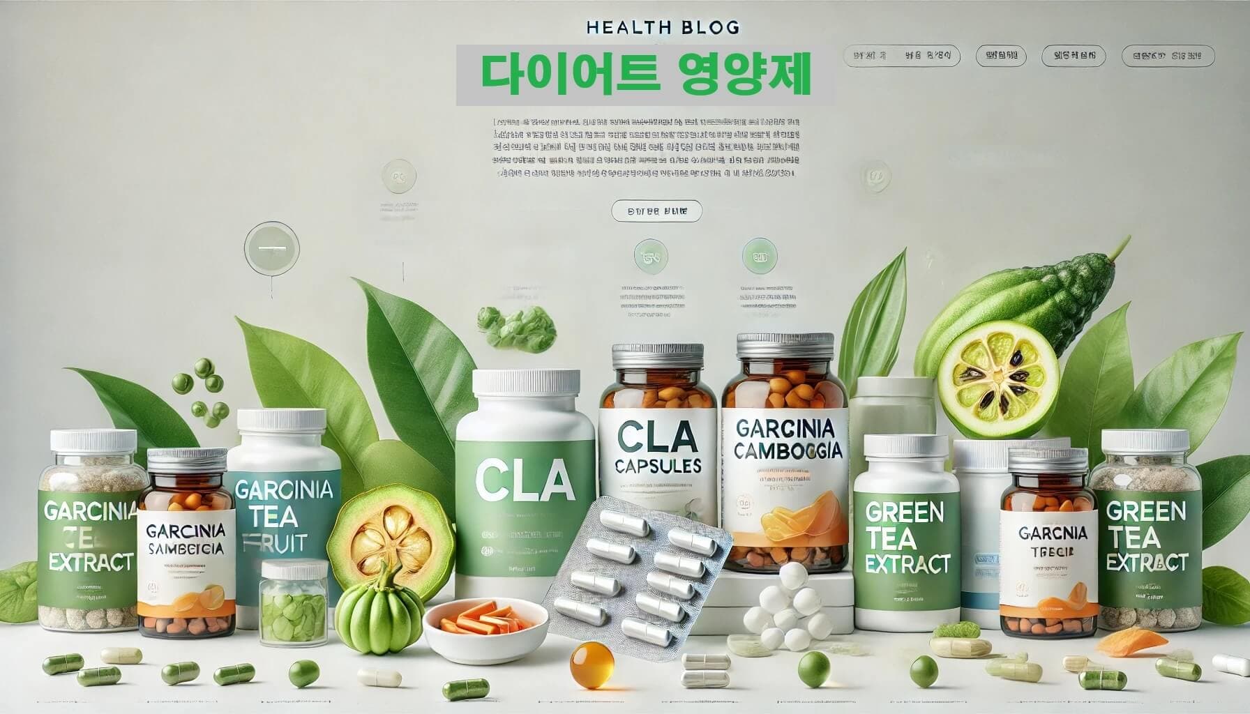다이어트 영양제 CLA, 가르시니아, 녹차추출물 병과 캡슐들이 정렬된 건강 보충제 인포그래픽 이미지
