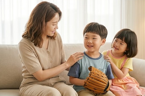 소파에서 아들의 어깨에 손을 얹고 응원하는 엄마와 딸