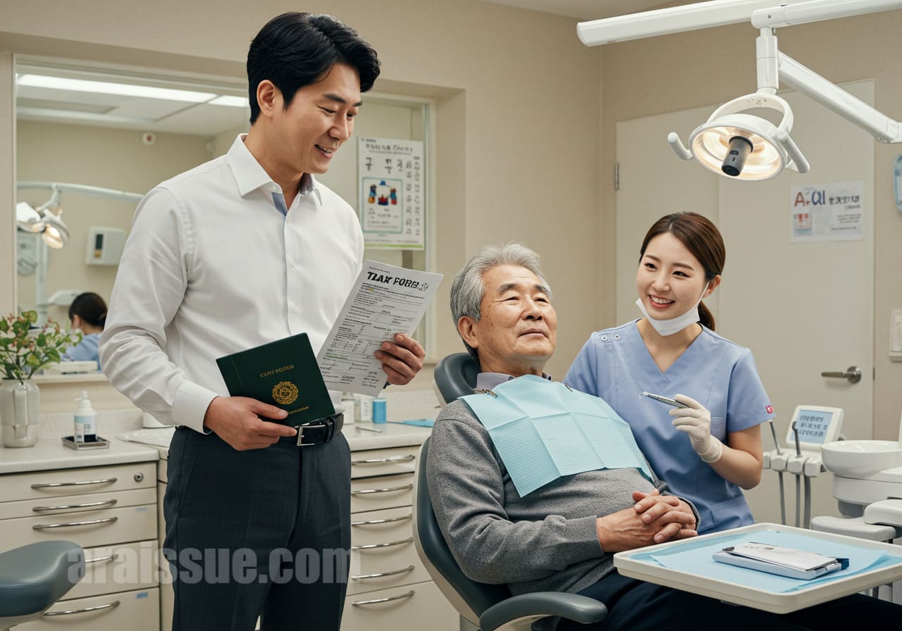 성인 아들이 가족관계증명서와 세금 서류를 들고 치과 진료 중인 부모님 옆에 서 있는 실사 장면입니다.