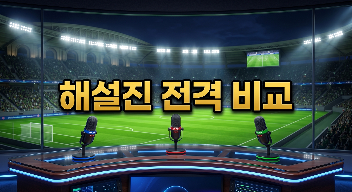 밝게 빛나는 푸른 축구장이 내려다보이는 현대적인 스포츠 데스크 위에 파랑, 빨강, 초록의 띠가 둘러진 3개의 전문가용 방송 마이크가 나란히 놓여 있는 3D 일러스트 배경에, 짙은 그림자와 외곽선으로 선명하게 강조된 '해설진 전격 비교'라는 한글 문구가 중앙에 적힌 이미지