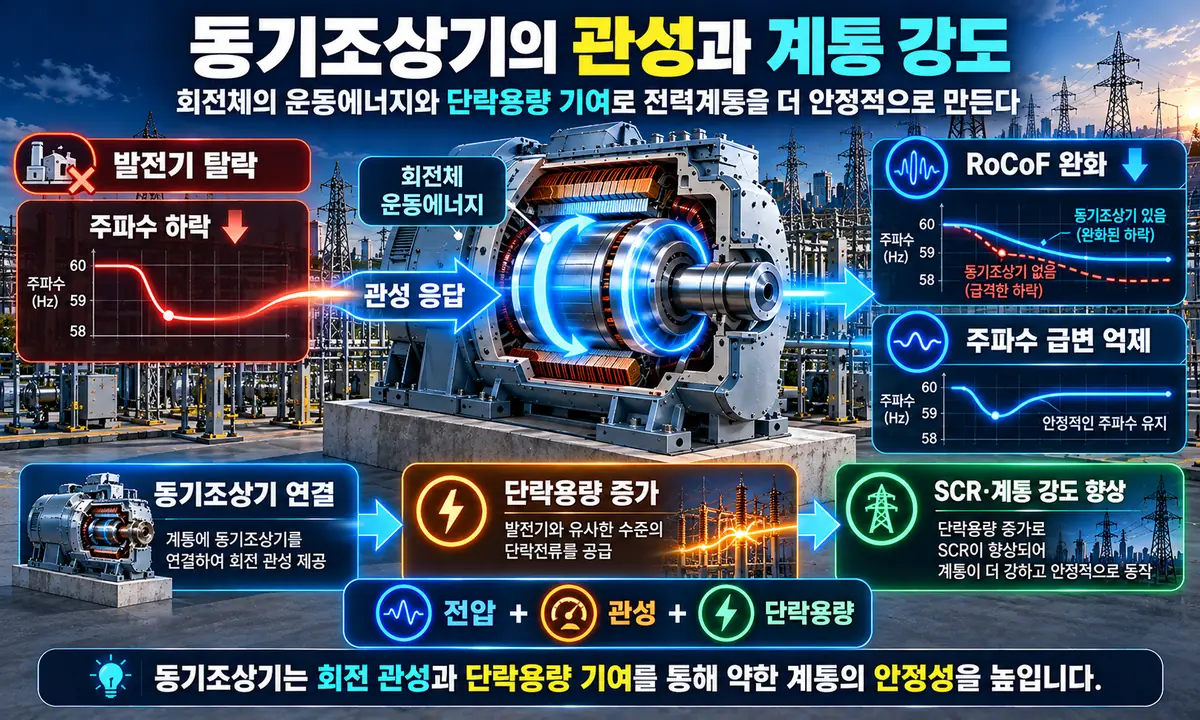 동기조상기의 회전 관성과 단락용량 계통강도 효과