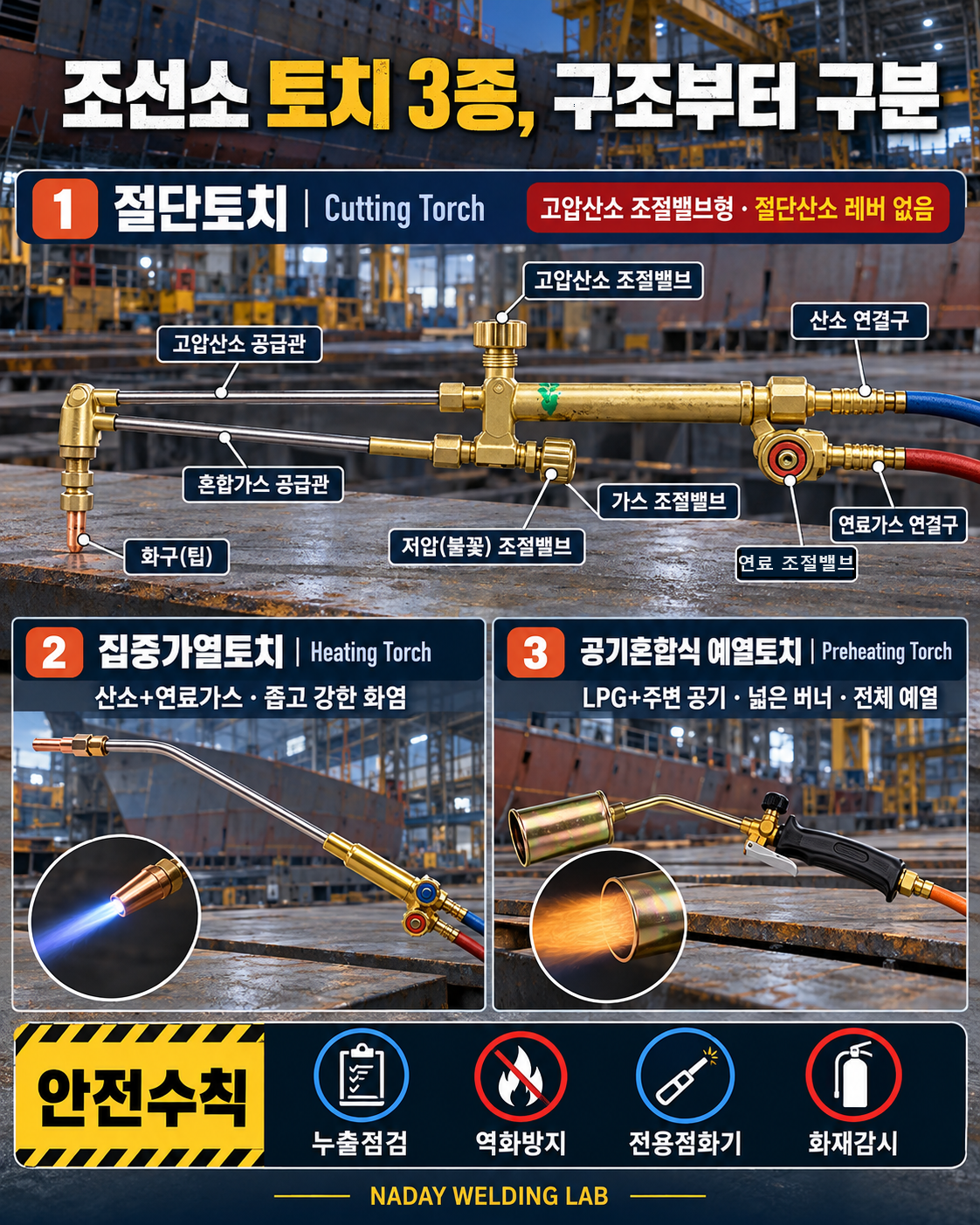조선소 절단토치, 집중가열토치, 공기혼합식 LPG 예열토치의 구조와 안전사용 비교