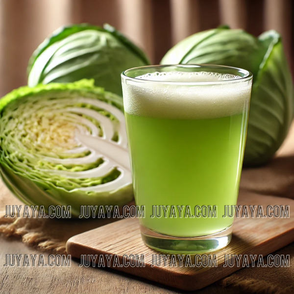 나무 테이블 위에 놓인 신선한 양배추 주스 한 잔과 배경에 보이는 양배추, 위 건강에 좋은 음식을 강조하는 장면.