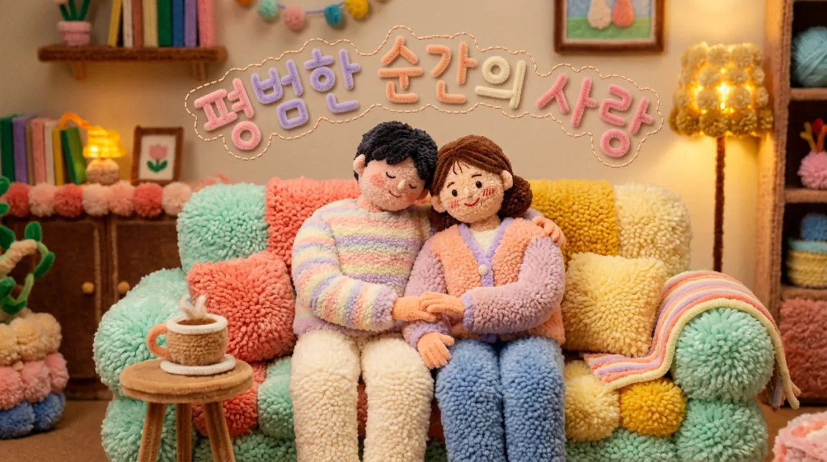 일상 속 사랑의 순간 - 털실 폼폼으로 만든 소파 위 커플 공예품