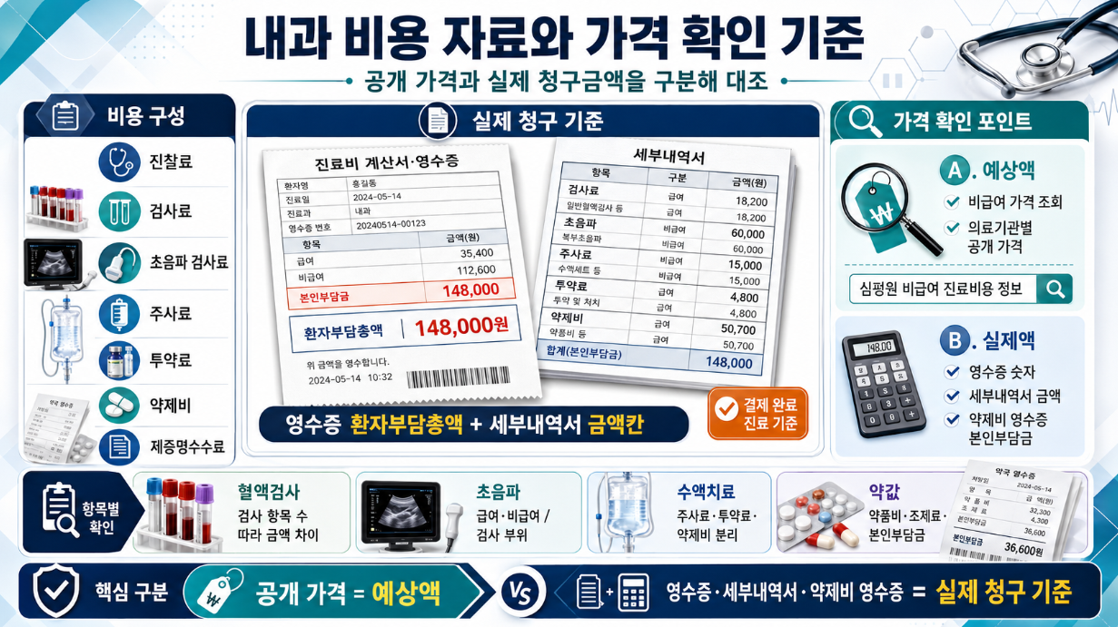 내과 외래 비용의 공개 가격과 실제 청구금액 대조 기준을 설명한 인포그래픽