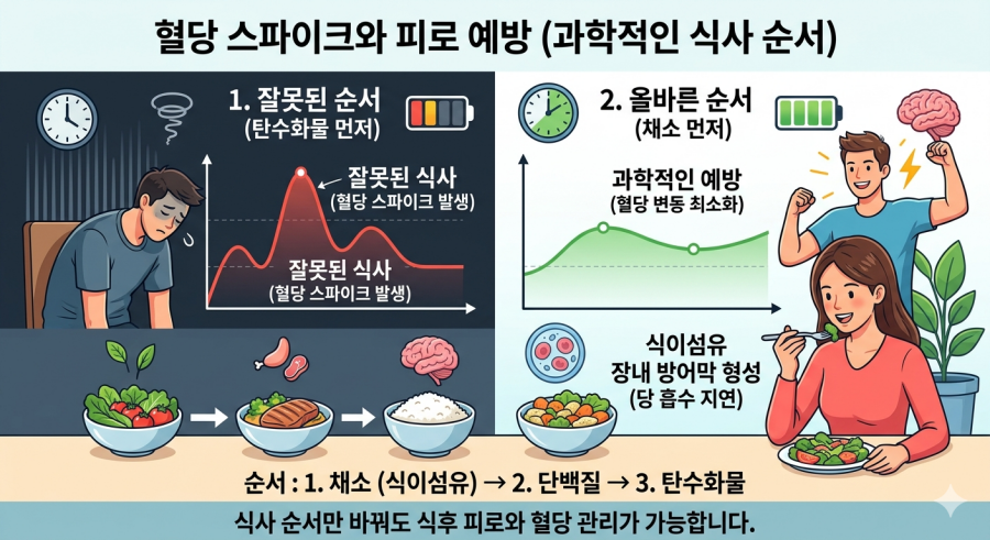 식후 졸림 예방을 위한 채소 단백질 탄수화물 식사 순서 및 혈당 스파이크 방지 원리 가이드