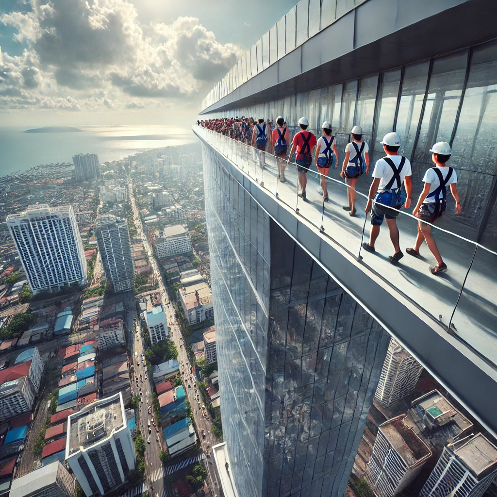 세부의 높은 빌딩 외벽에서 스카이워크를 즐기는 사람들, 도시 전경과 아찔한 높이를 강조한 사진