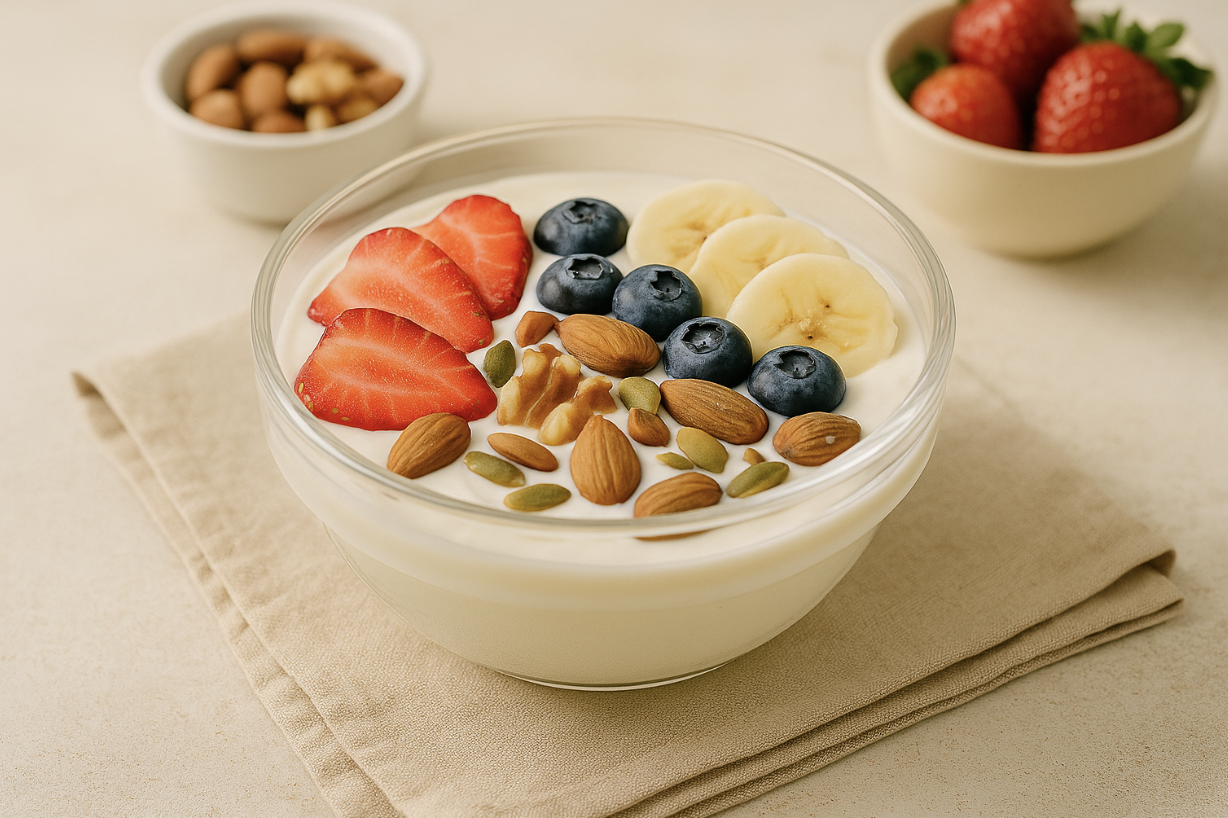 그릭요거트 볼 위에 딸기, 블루베리, 바나나와 아몬드, 호두, 호박씨 등 다양한 과일과 견과류가 예쁘게 올려져 있는 모습