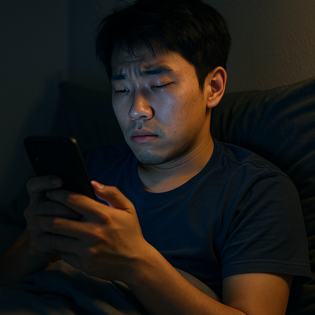 늦은 밤 핸드폰에 취해 있는 대학생