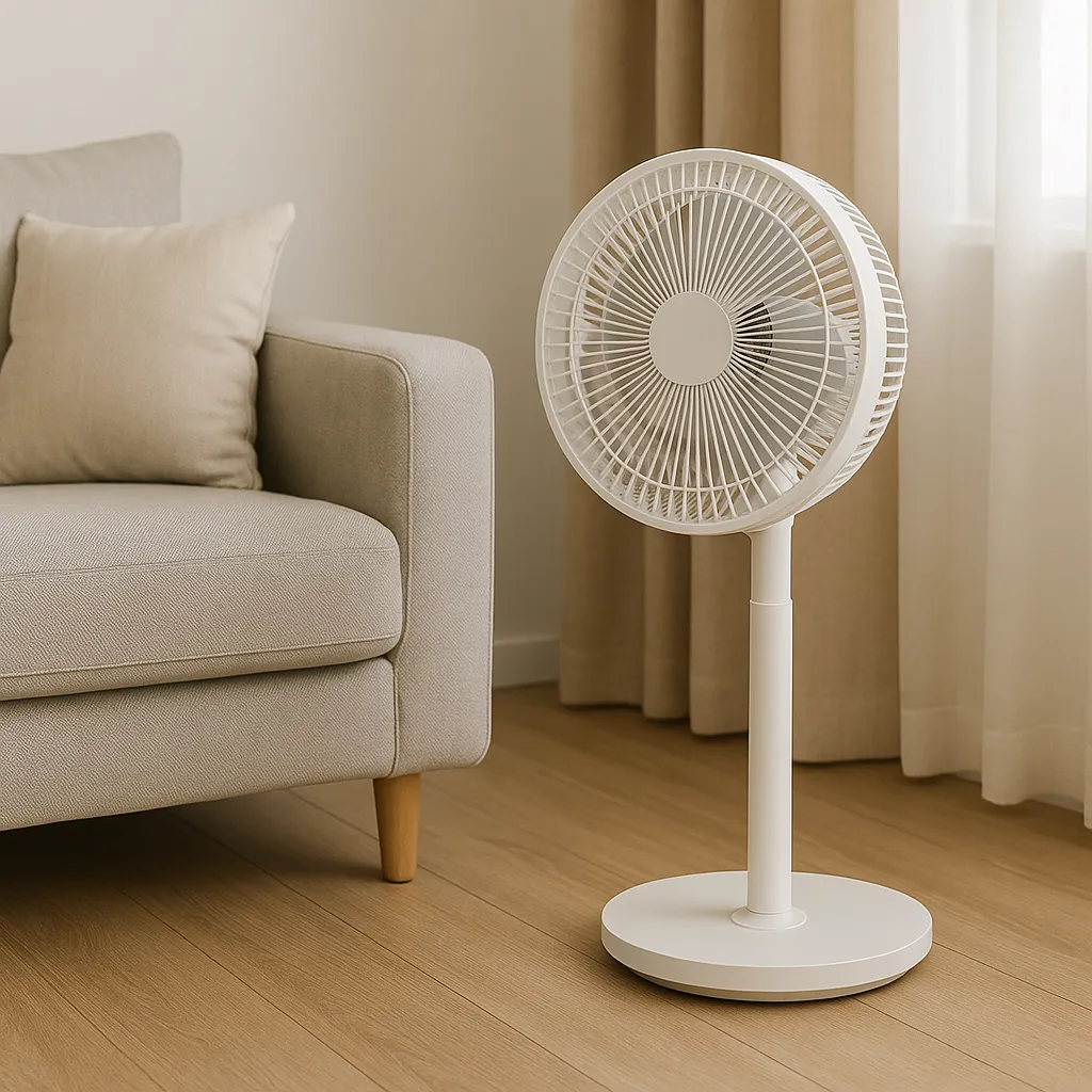 소파 옆 나무 바닥에 놓인 깔끔한 디자인의 서큘레이터