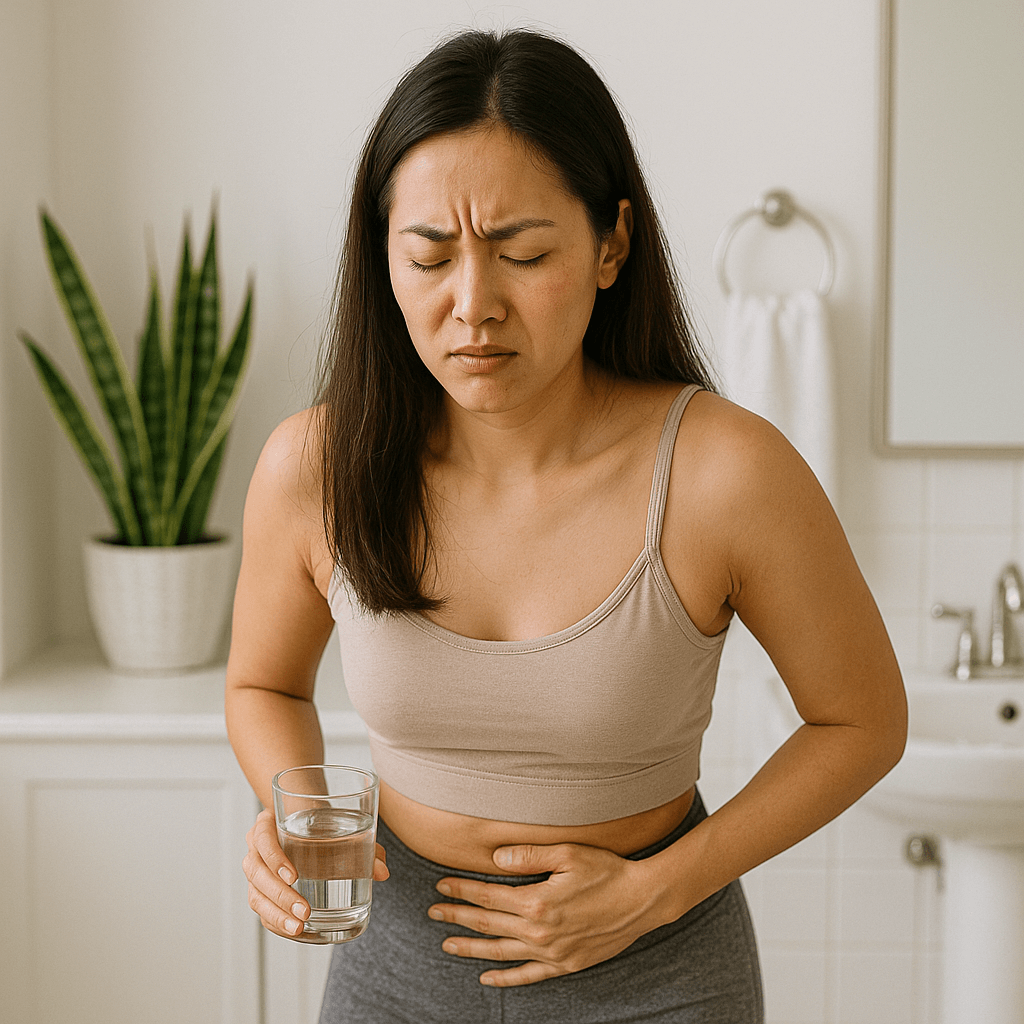 다이어트 중 변비로 힘들어하는 젊은 여성