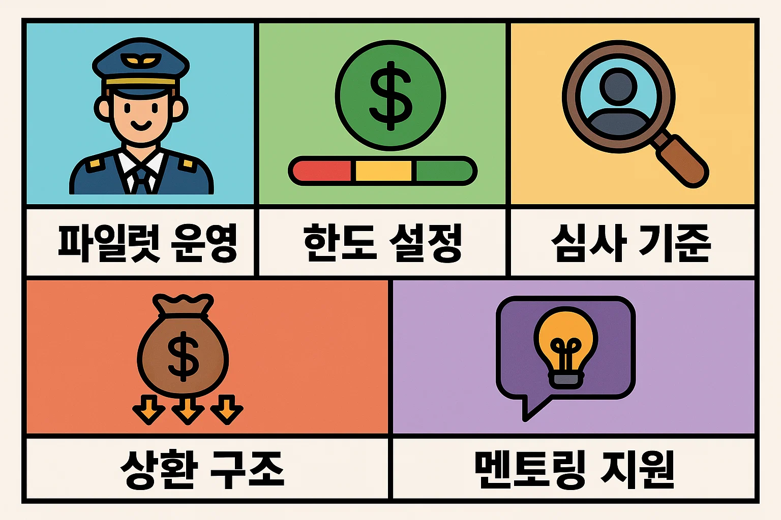 무담보 창업지원금의 효과적 운영을 위해 파일럿 운영, 한도 설정, 심사 기준 마련, 상환 구조 개선, 멘토링 지원 등 실행 고려사항을 정리한 인포그래픽 이미지