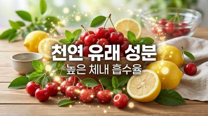 나무 테이블 위에 신선한 체리가 가득 담긴 우드볼과 노란 레몬, 초록색 민트 잎이 햇살을 받으며 놓여 있는 사진. 중앙에 '천연 유래 성분, 높은 체내 흡수율'이라는 한글 문구가 적혀 있어, 합성 비타민과 대비되는 자연 원료의 건강함과 신선함을 직관적으로 보여줌.