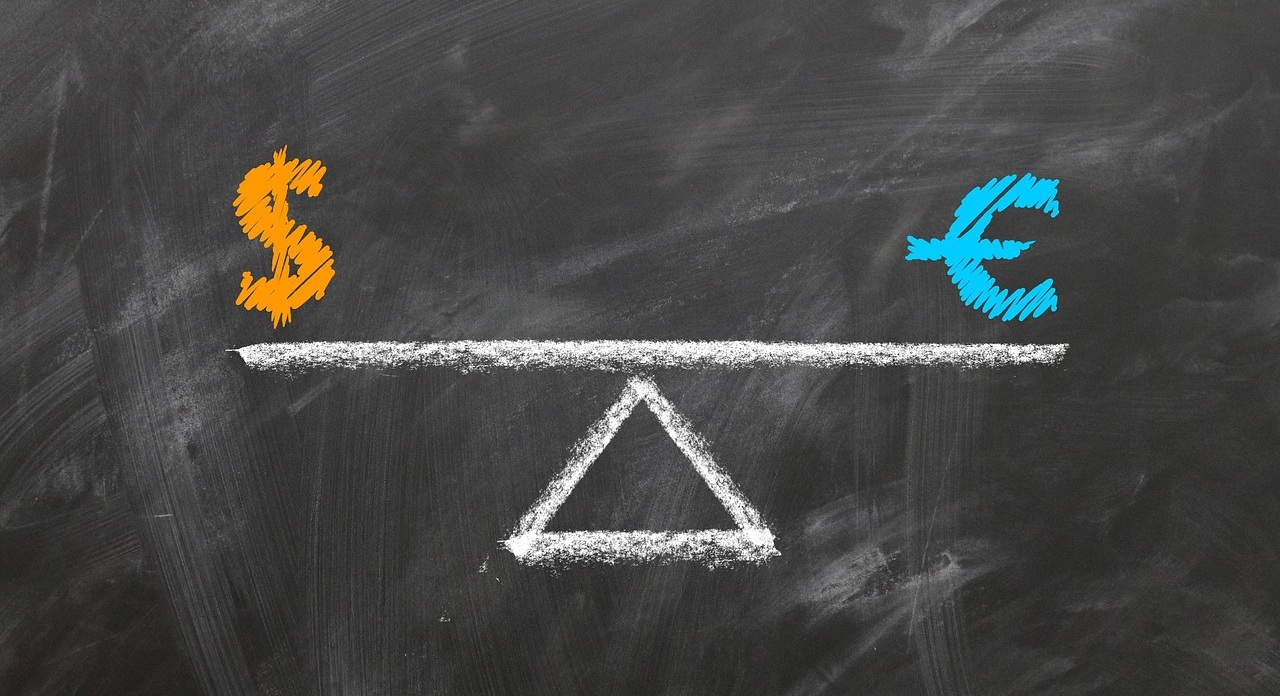 시소를 의미하는 그림이 있고 시소 양끝에 한쪽에는 달러를 의미하는 문자와 다른 한쪽에는 유로를 표현하는 문자가 있으며 시소는 균형을 이루고 있는 그림입니다.