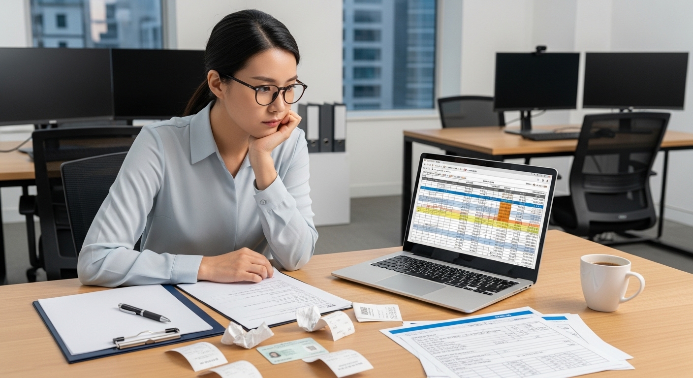 사무실 책상에서 노트북과 세금 서류를 보며 고민하는 직장인의 모습