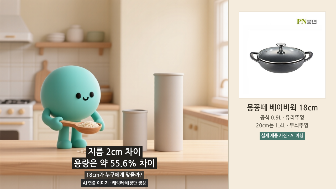풍년 몽꽁떼 베이비웍 18cm와 20cm의 용량과 뚜껑 차이를 비교하는 AI 연출 이미지