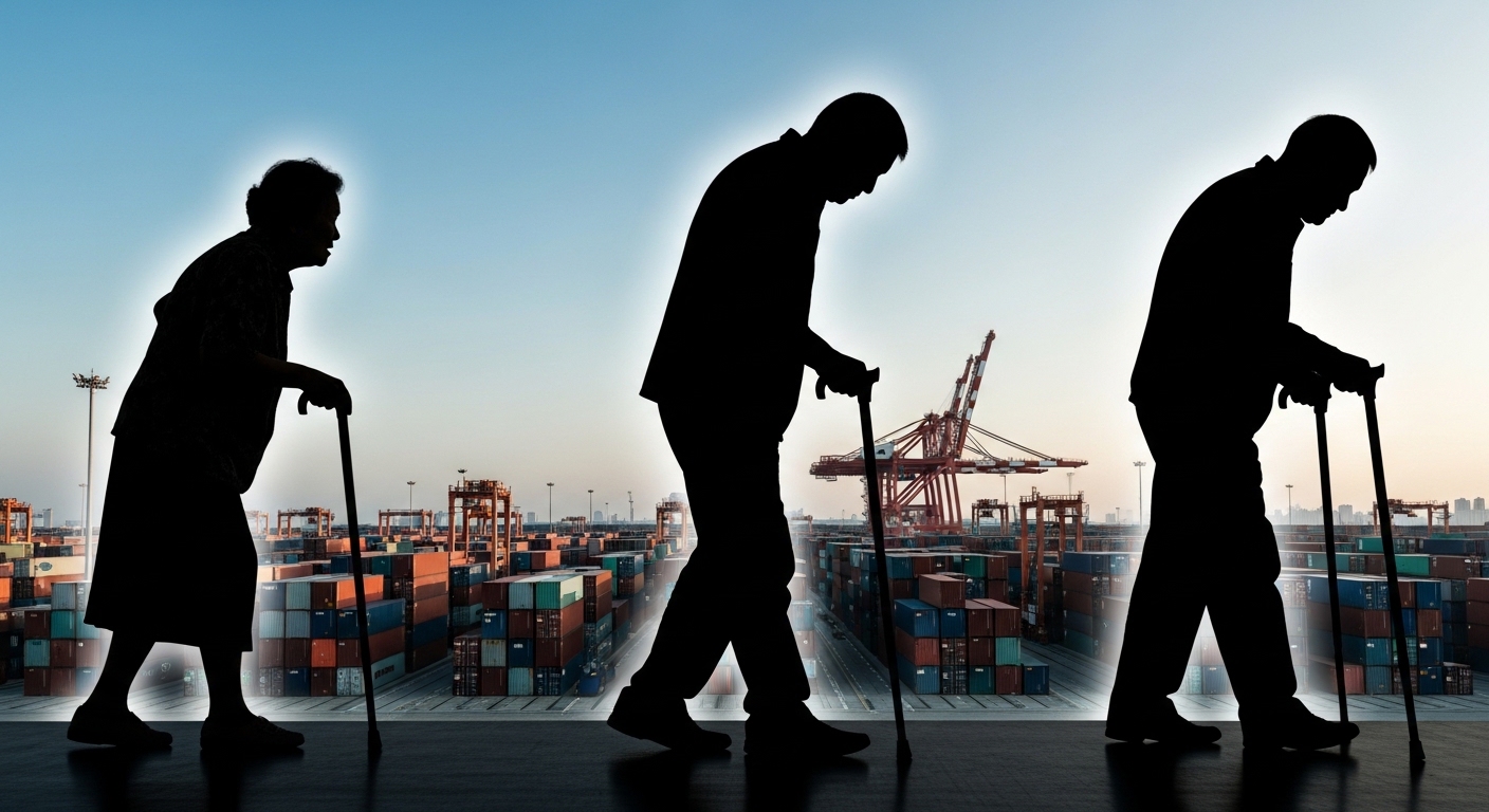 Image of empty export container port superimposed with silhouettes of elderly people using canes.