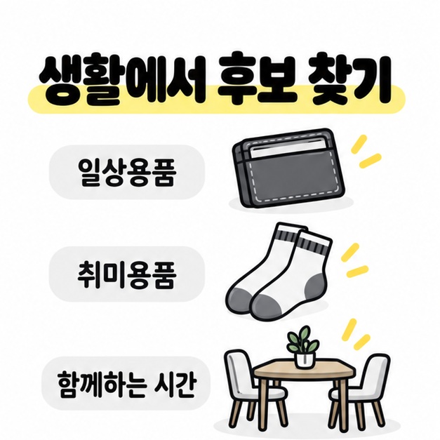 일상용품은 카드지갑, 취미용품은 러닝 양말, 함께하는 시간은 두 사람용 식탁으로 나타낸 선물 후보 안내