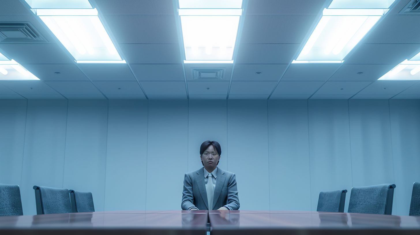 징계위원회 회의실에 혼자 앉아 상대를 마주하는 장면