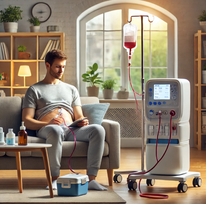 집에서 복막투석 하고 있는 환자 사진