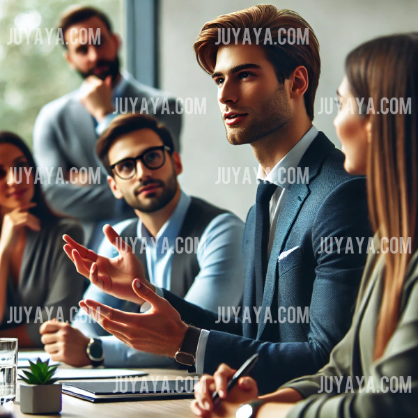 직장인이 회의에서 적극적으로 의견을 발표하는 모습. 동료들이 집중하며 토론하는 분위기의 회의실.