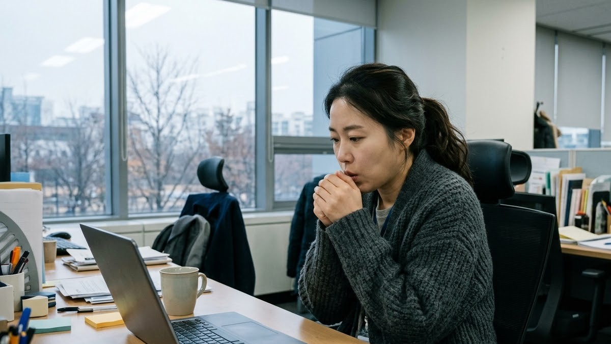 사무실에서 차가운 두 손에 입김을 불며 비비는 30대 여성 직장인