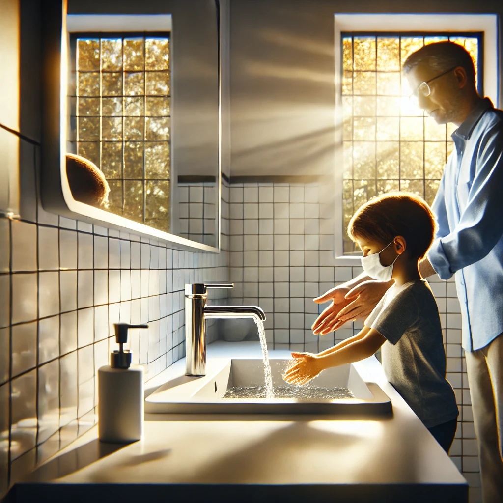 부모와 함께 현대적인 화장실에서 손을 씻는 어린이