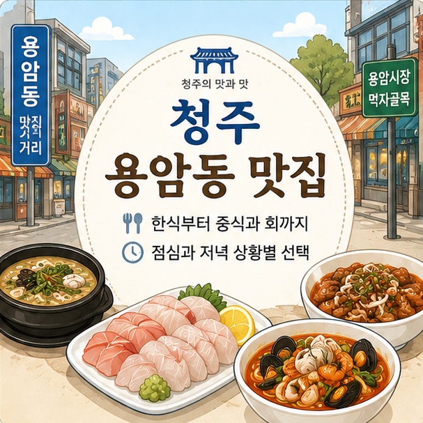 추어탕과 돼지불고기, 짬뽕과 회를 함께 표현해 청주 용암동에는 점심부터 저녁까지 다양한 메뉴의 맛집이 있음을 보여 주는 그림