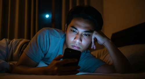 늦은 밤, 침대에서 잠을 안자고 휴대전화를 보고 있는 남성 모습