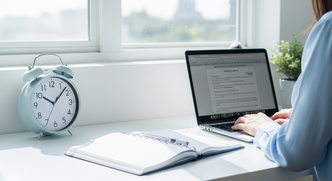 효율적인 시간관리를 위한 깨끗한 책상과 집중하는 사람의 모습