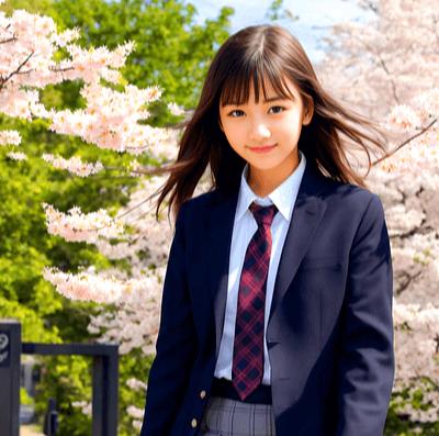교복을 입은 긴 생머리 여학생이 벚꽃이 활짝 핀 나무 앞에서 정면을 바라본다.