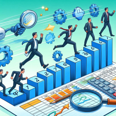 비즈니스맨들이 데이터를 기반으로 경로를 정리하며 앞서 나가는 모습