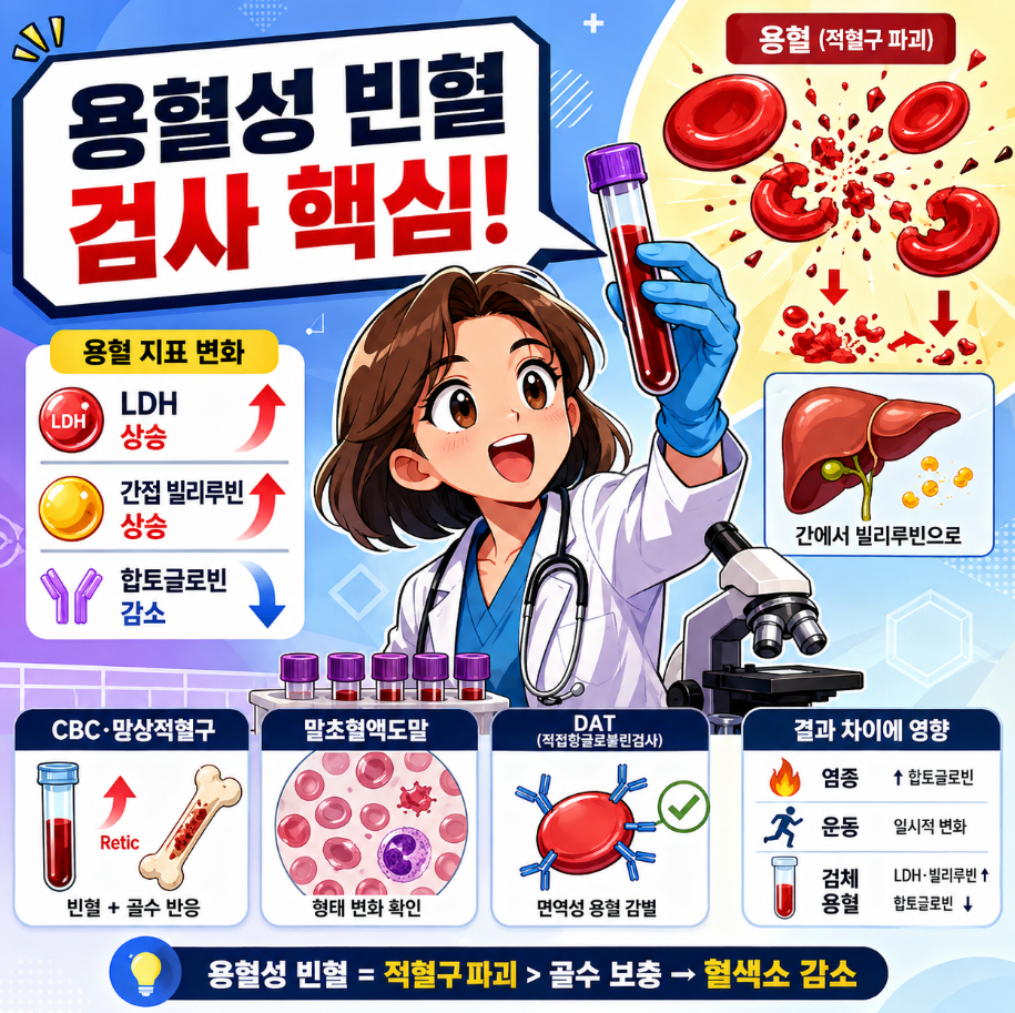 용혈성 빈혈 검사 핵심 지표와 LDH·합토글로빈·간접빌리루빈 변화를 설명하는 의료 인포그래픽 썸네일