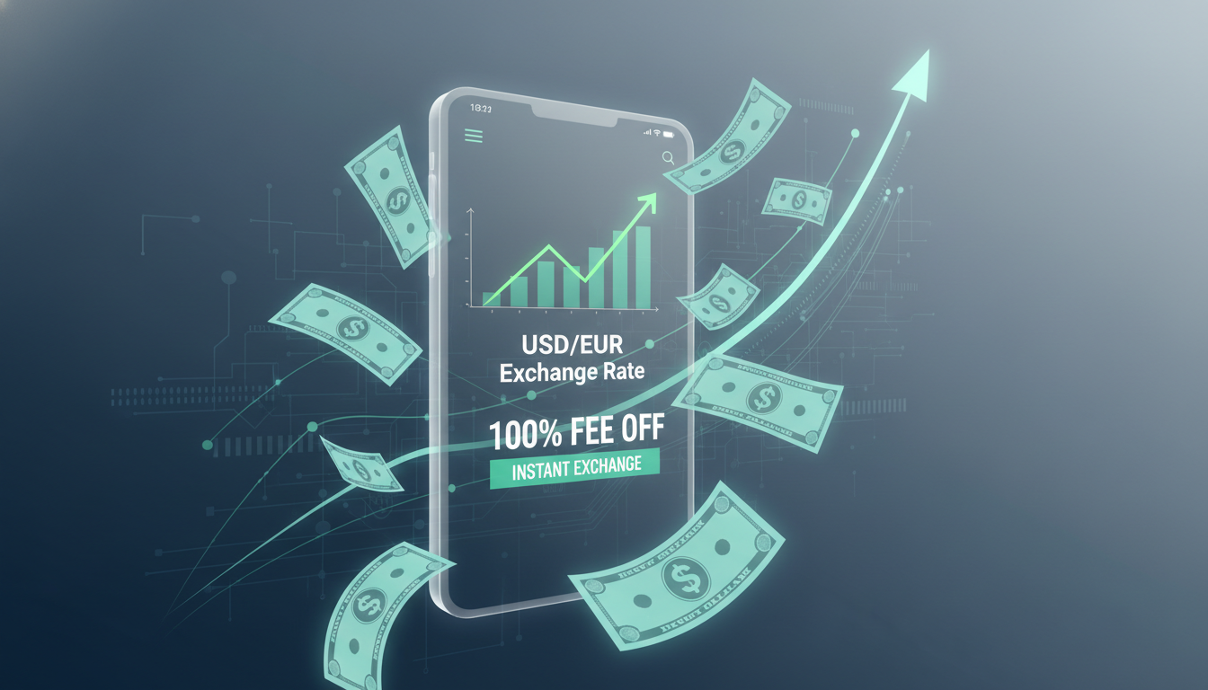 스마트폰을 활용한 미국 달러 환전 수수료 100% 우대 및 환율 변동성 개념을 나타내는 고품질 일러스트