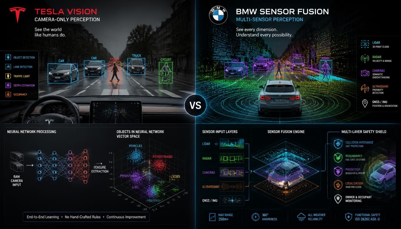 High-tech visualization comparing Tesla Vision camera recognition against BMW LiDAR and radar sensor fusion.