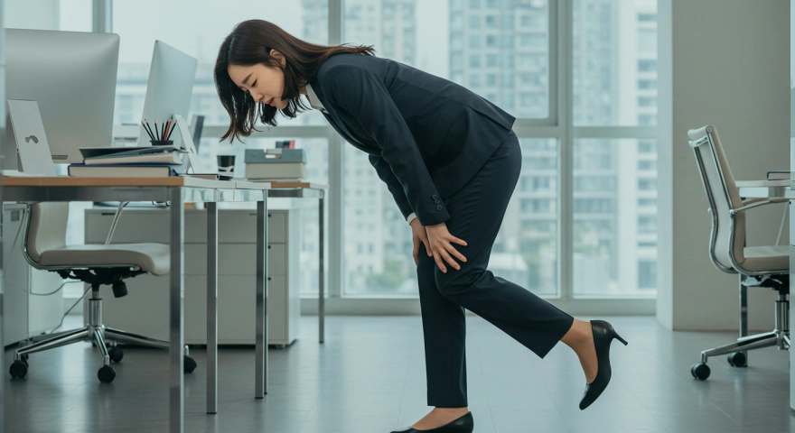 하루 종일 서 있는 직장 여성의 발뒤꿈치 통증 모습